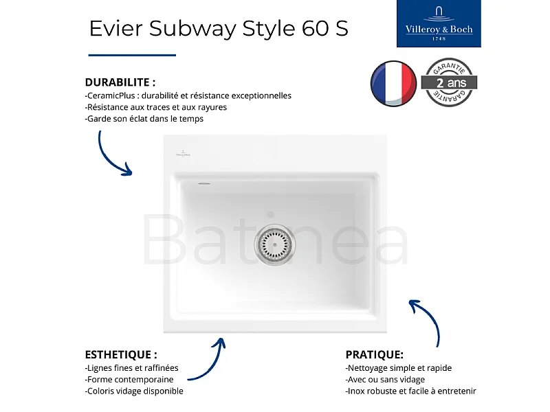 Evier VILLEROY ET BOCH Subway Style 60 S Blanc CeramicPlus vidage manuel finition anthracite