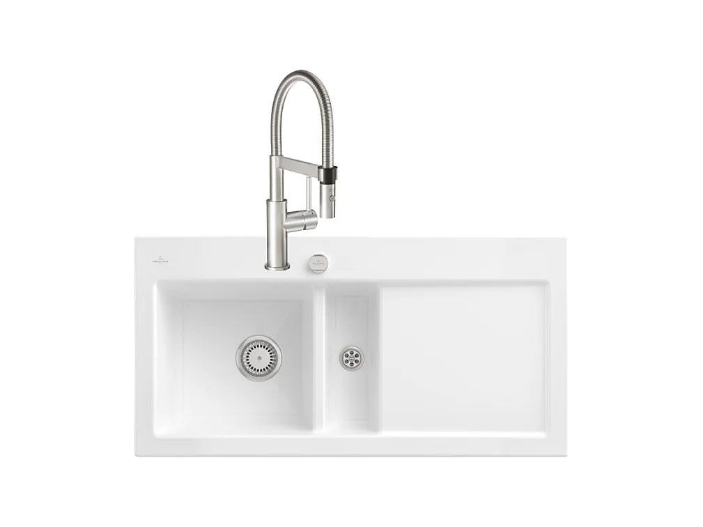 Evier VILLEROY ET BOCH Subway Pure 60 1 bac et demi égouttoir à droite vidage auto + Robinet Steel Expert Compact Acier Massif