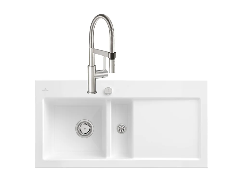 Evier VILLEROY ET BOCH Subway Pure 60 1 bac et demi égouttoir à droite vidage auto + Robinet Steel Expert Compact Acier Massif
