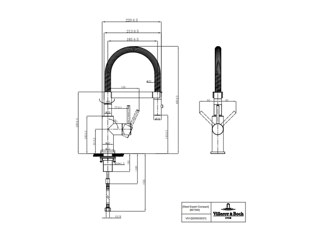 Evier VILLEROY ET BOCH Subway Pure 60 1 bac et demi égouttoir à droite vidage auto + Robinet Steel Expert Compact Acier Massif