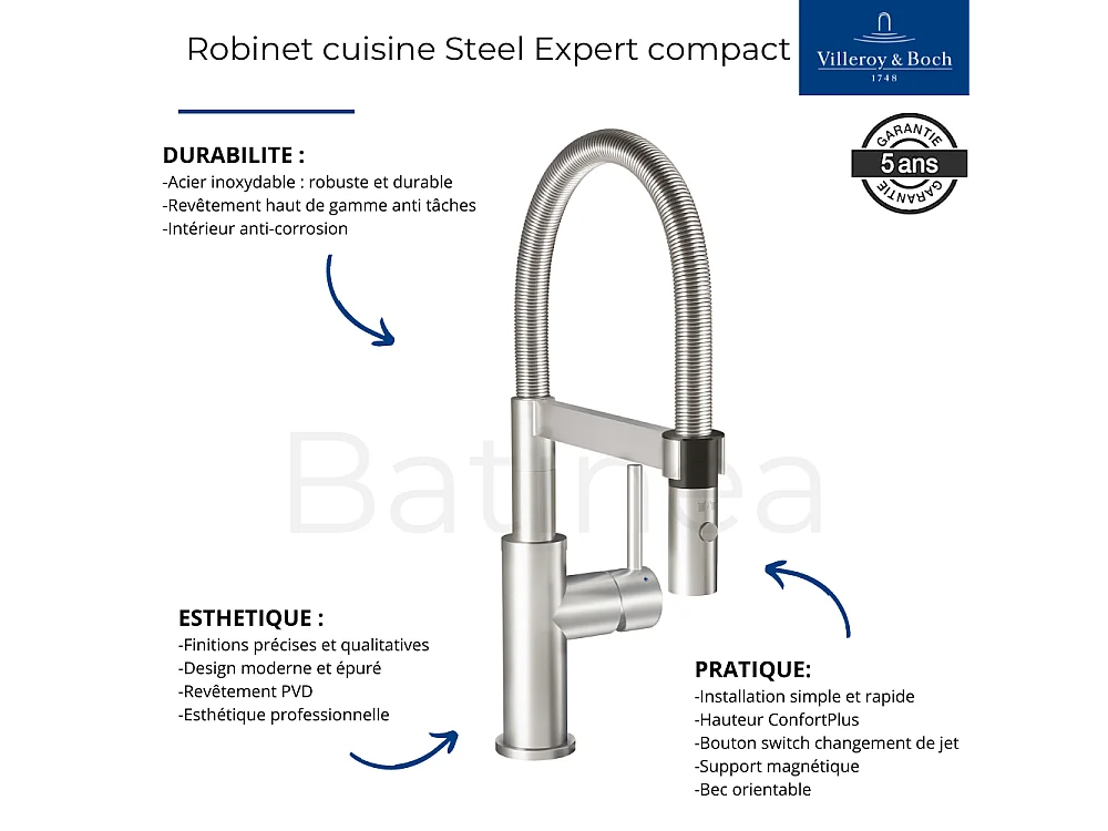 Evier VILLEROY ET BOCH Subway Pure 60 1 bac et demi égouttoir à droite vidage auto + Robinet Steel Expert Compact Acier Massif