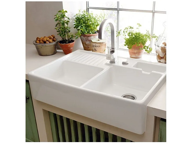 Evier timbre d'office VILLEROY ET BOCH Tradition 2 bacs 89,5 x 63 céramique vidage auto blanc + Cache bonde bronze