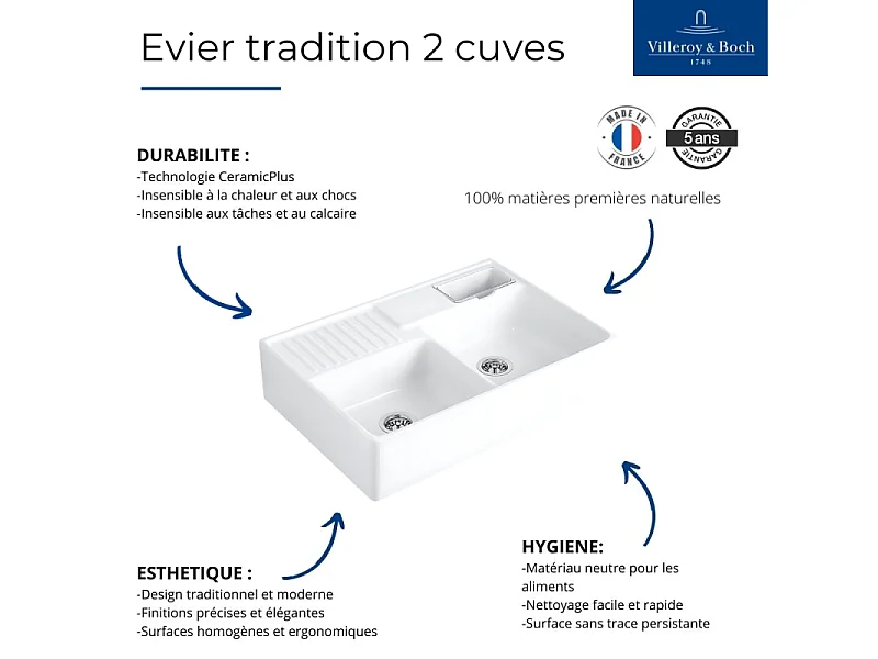 Evier timbre d'office VILLEROY ET BOCH Tradition 2 bacs 89,5 x 63 céramique vidage auto blanc + Cache bonde bronze