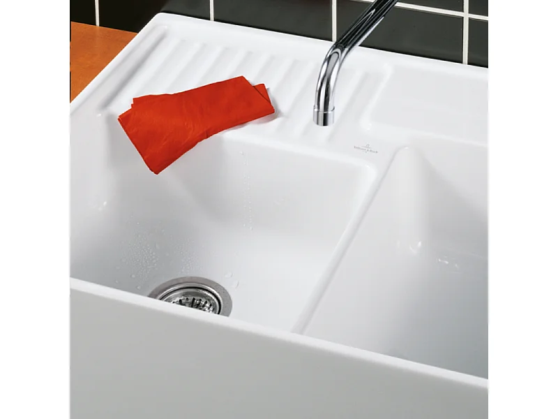 Evier timbre d'office VILLEROY ET BOCH Tradition 2 bacs 89,5 x 63 céramique vidage auto blanc + Cache bonde bronze