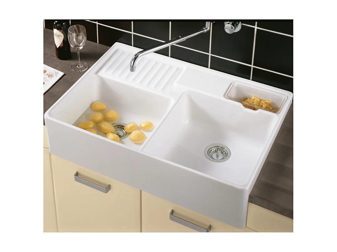 Evier timbre d'office VILLEROY ET BOCH Tradition 2 bacs 89,5 x 63 céramique vidage auto blanc + Cache bonde bronze
