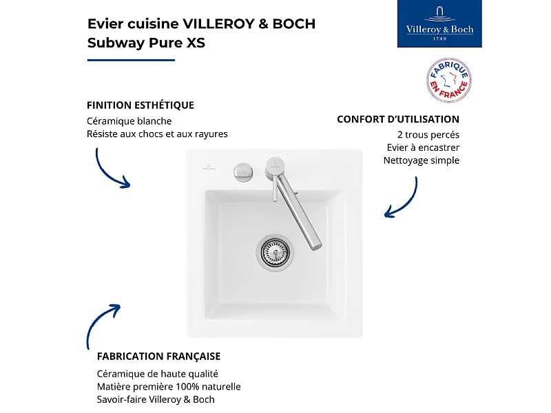 Evier 1 bac sans egouttoir VILLEROY ET BOCH Subway Pure XS 47,5 x 51 cm Blanc