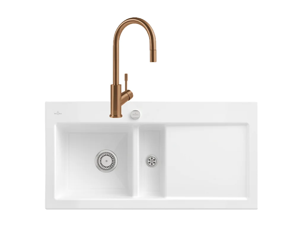 Evier VILLEROY ET BOCH Subway Pure 60 1 bac et demi égouttoir à droite vidage auto + Robinet Umbrella Flex Bronze