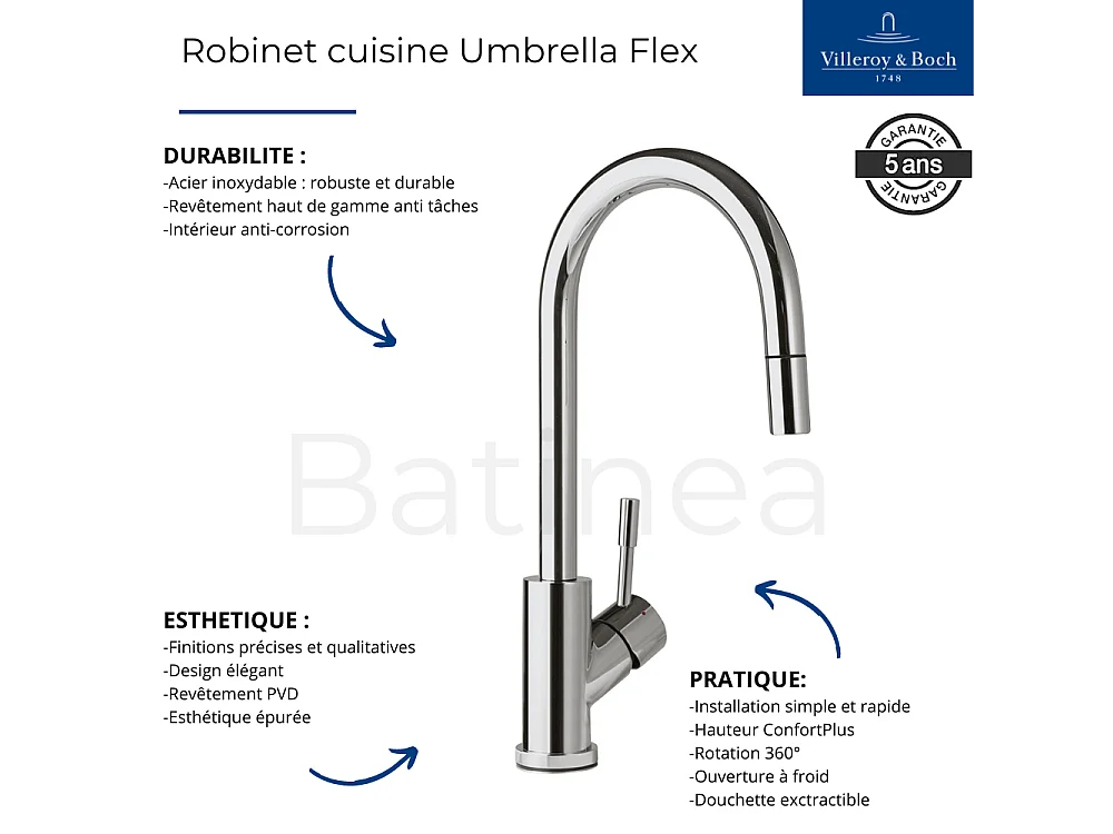 Evier VILLEROY ET BOCH Subway Pure 60 1 bac et demi égouttoir à droite vidage auto + Robinet Umbrella Flex Bronze