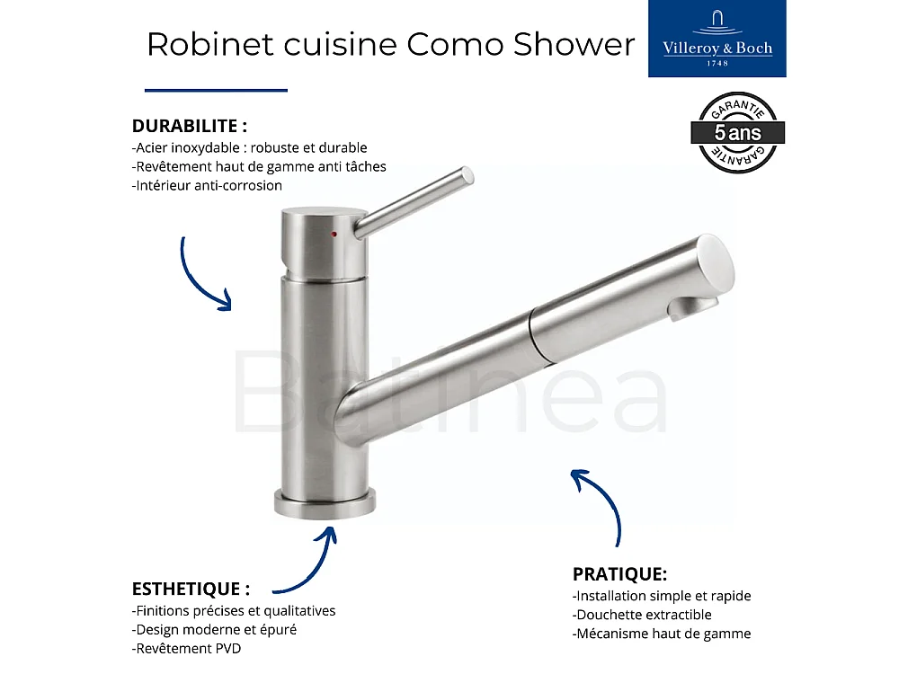 Evier 1 bac VILLEROY ET BOCH Architectura 60 vidage auto + Robinet de cuisine Como Shower Window Anthracite