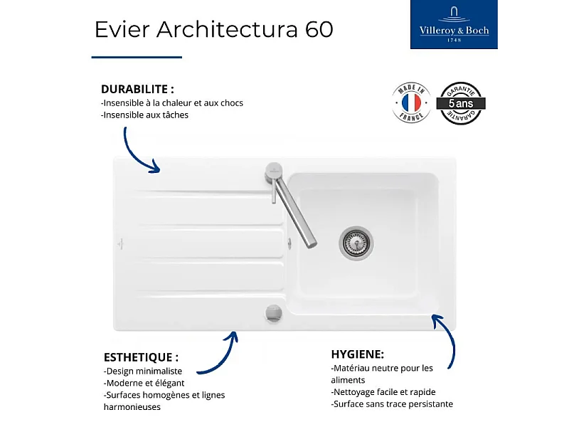 Evier 1 bac VILLEROY ET BOCH Architectura 60 vidage auto + Robinet de cuisine Como Shower Window Anthracite