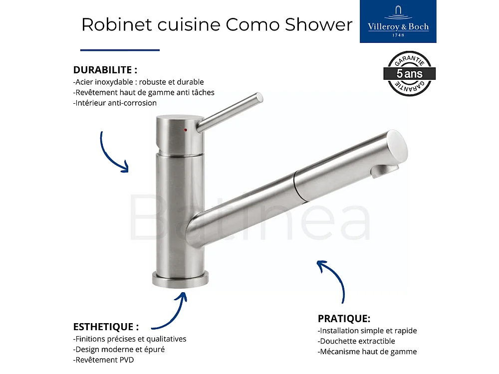 Evier 1 bac VILLEROY ET BOCH Architectura 60 vidage auto + Robinet de cuisine Como Shower Window Anthracite