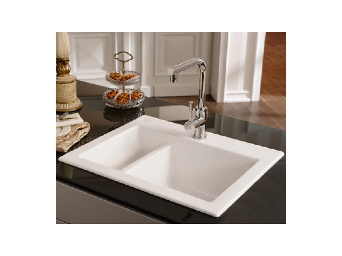 Evier 1 cuve et demi VILLEROY ET BOCH Subway 60 XM 62 x 51 cm sans egouttoir Ivory CeramicPlus avec vidage automatique