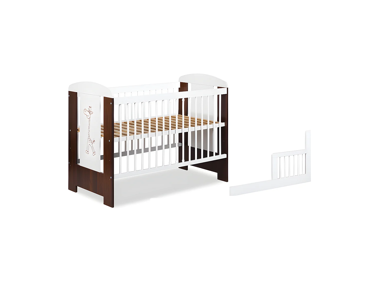Lit bébé 120x60cm Blanc et noyer GIRAFE barreaux amovible et barrière de sécurité inclus