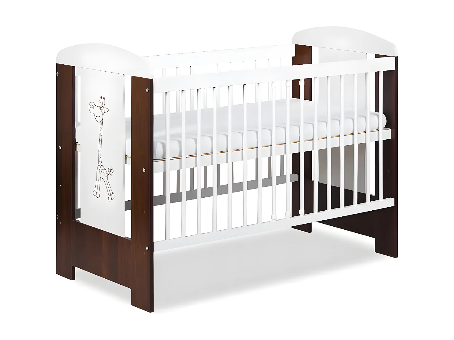 Lit bébé 120x60cm Blanc et noyer GIRAFE barreaux amovible et barrière de sécurité inclus