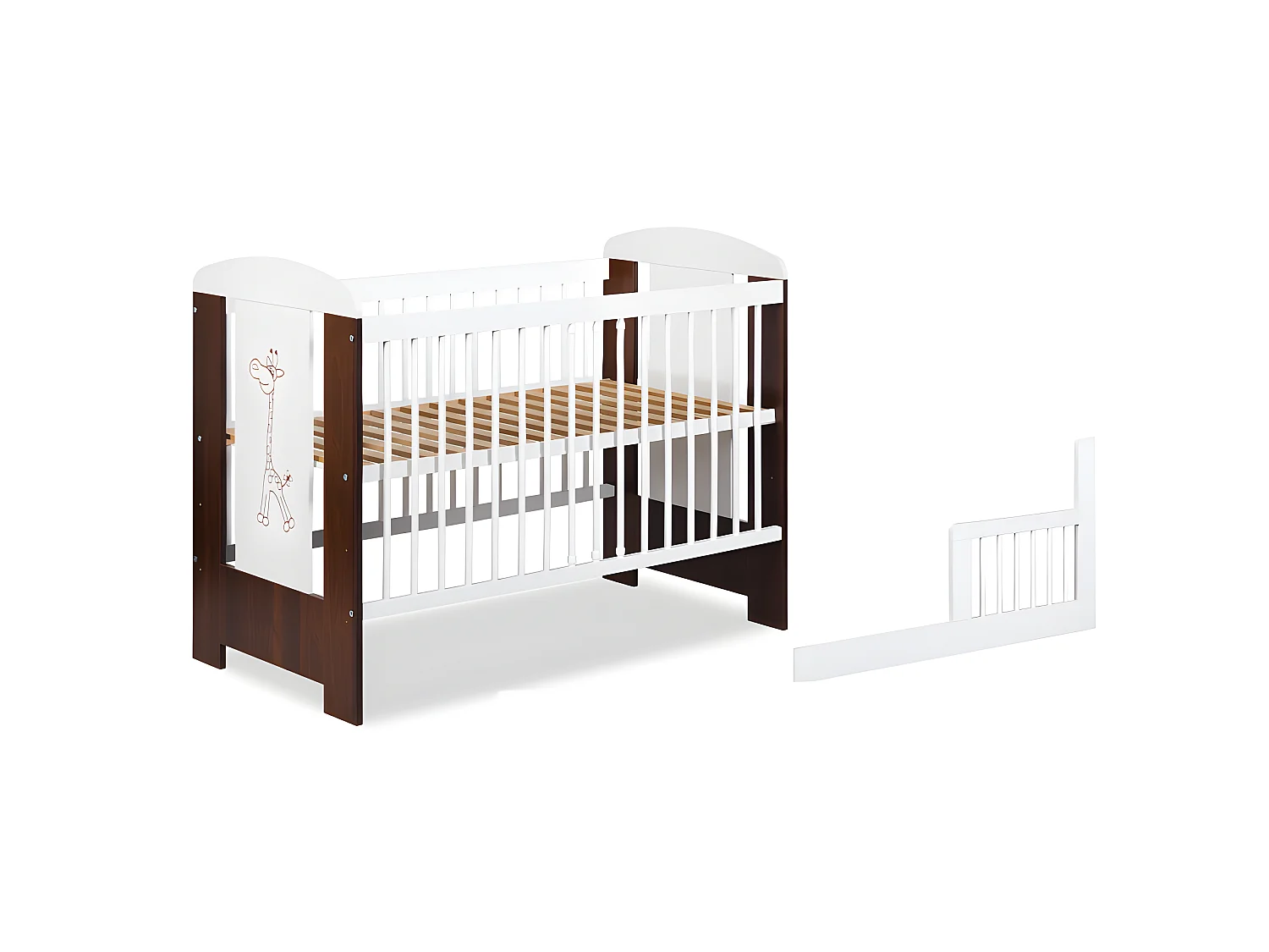 Lit bébé 120x60cm Blanc et noyer GIRAFE barreaux amovible et barrière de sécurité inclus