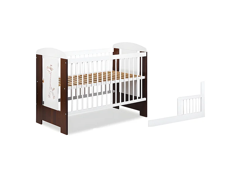 Lit bébé 120x60cm Blanc et noyer GIRAFE barreaux amovible et barrière de sécurité inclus