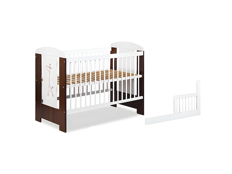 Lit bébé 120x60cm Blanc et noyer GIRAFE barreaux amovible et barrière de sécurité inclus