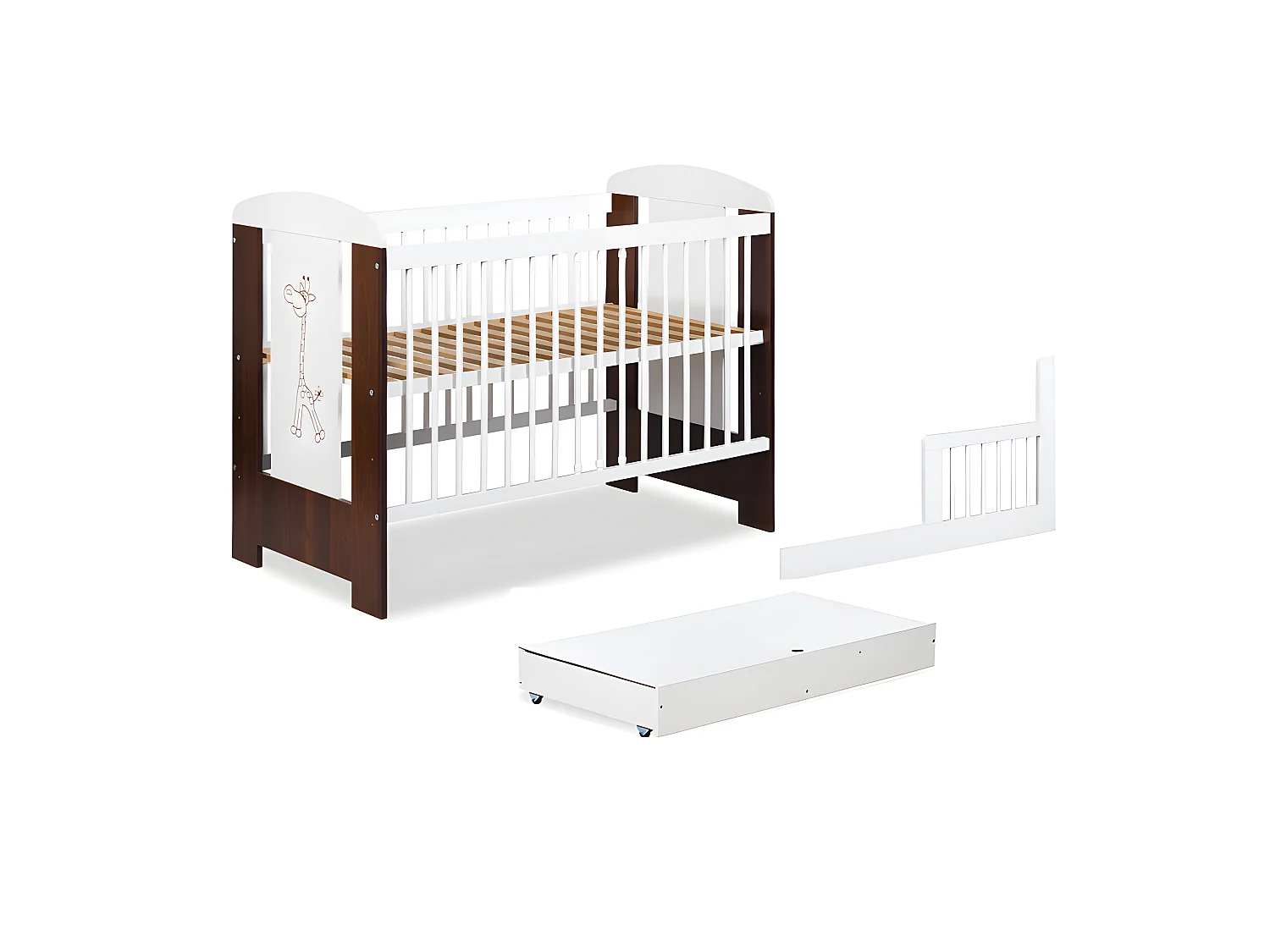 Lit bébé 120x60cm Blanc et noyer avec tiroir GIRAFE barreaux amovible et barrière de sécurité inclus