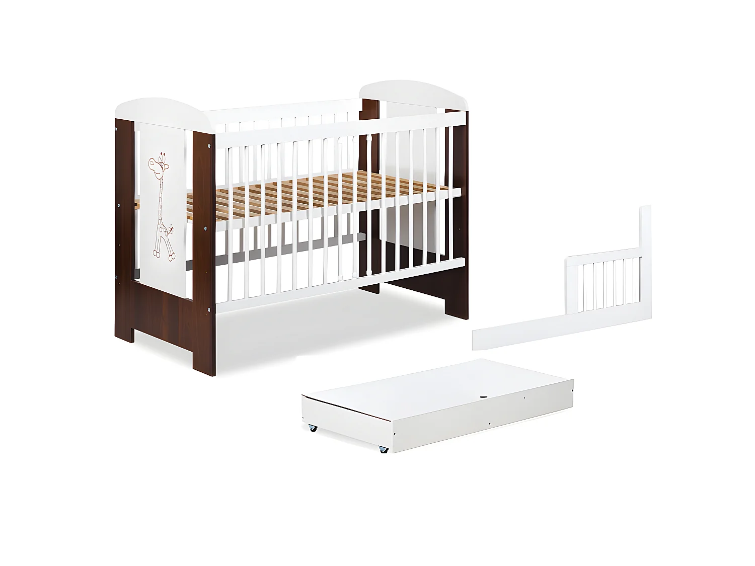 Lit bébé 120x60cm Blanc et noyer avec tiroir GIRAFE barreaux amovible et barrière de sécurité inclus