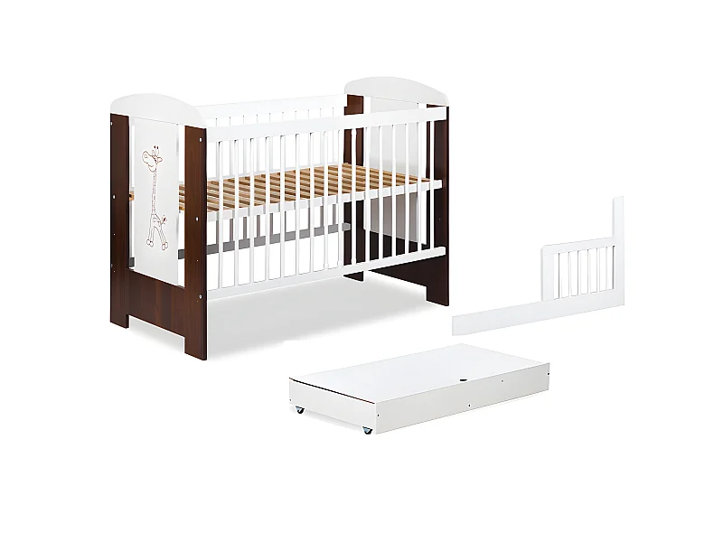 Lit bébé 120x60cm Blanc et noyer avec tiroir GIRAFE barreaux amovible et barrière de sécurité inclus