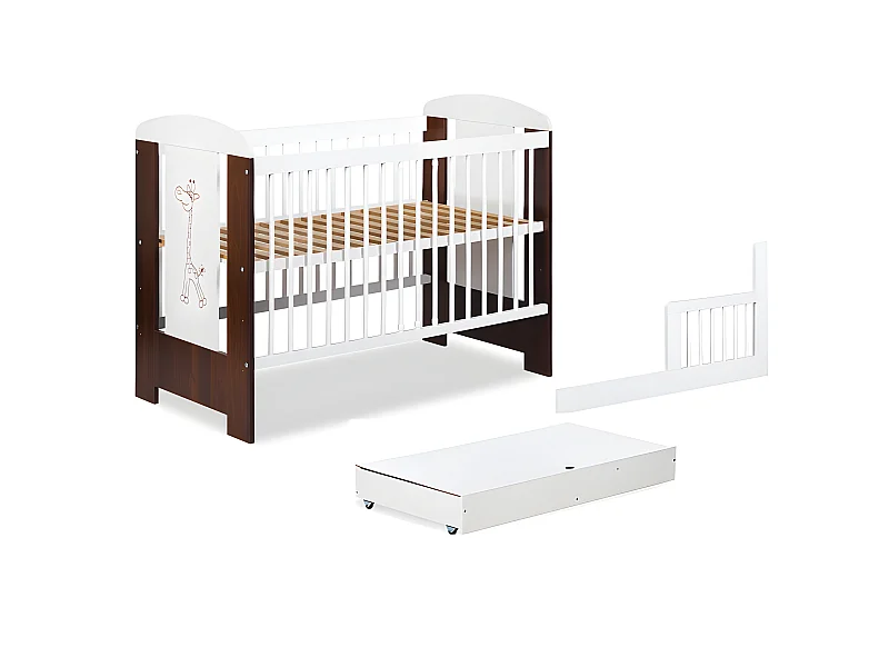 Lit bébé 120x60cm Blanc et noyer avec tiroir GIRAFE barreaux amovible et barrière de sécurité inclus