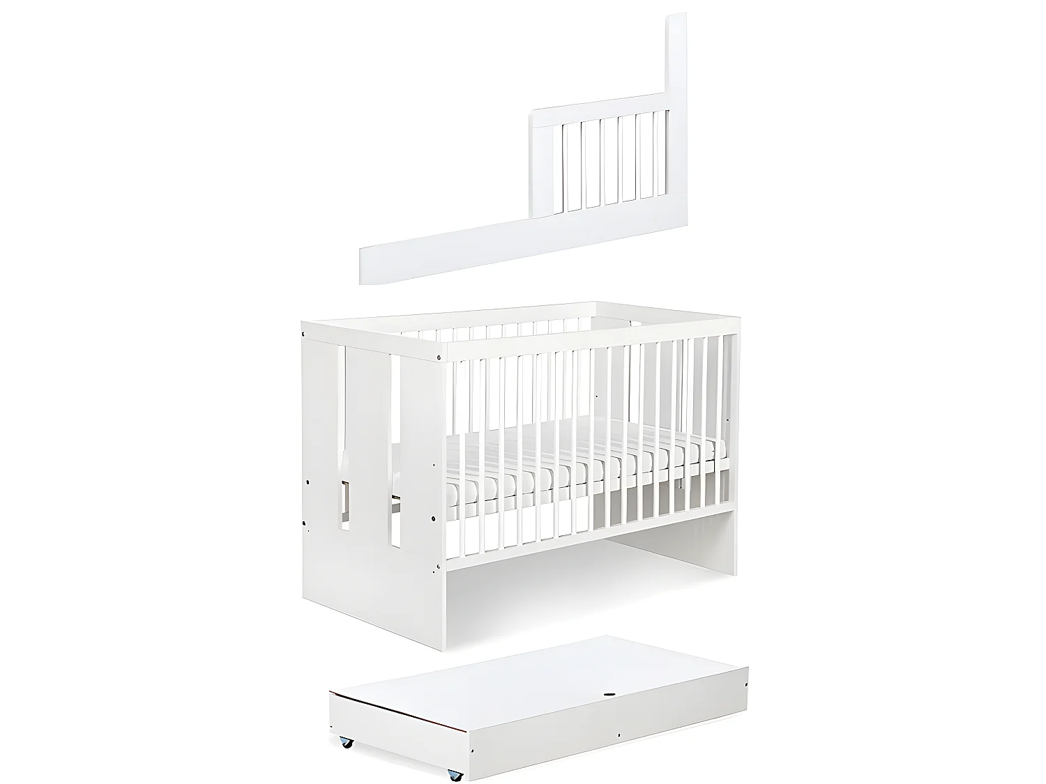 Lit bébé 120x60cm Blanc avec tiroir PAULA barreaux amovible et barrière de sécurité inclus