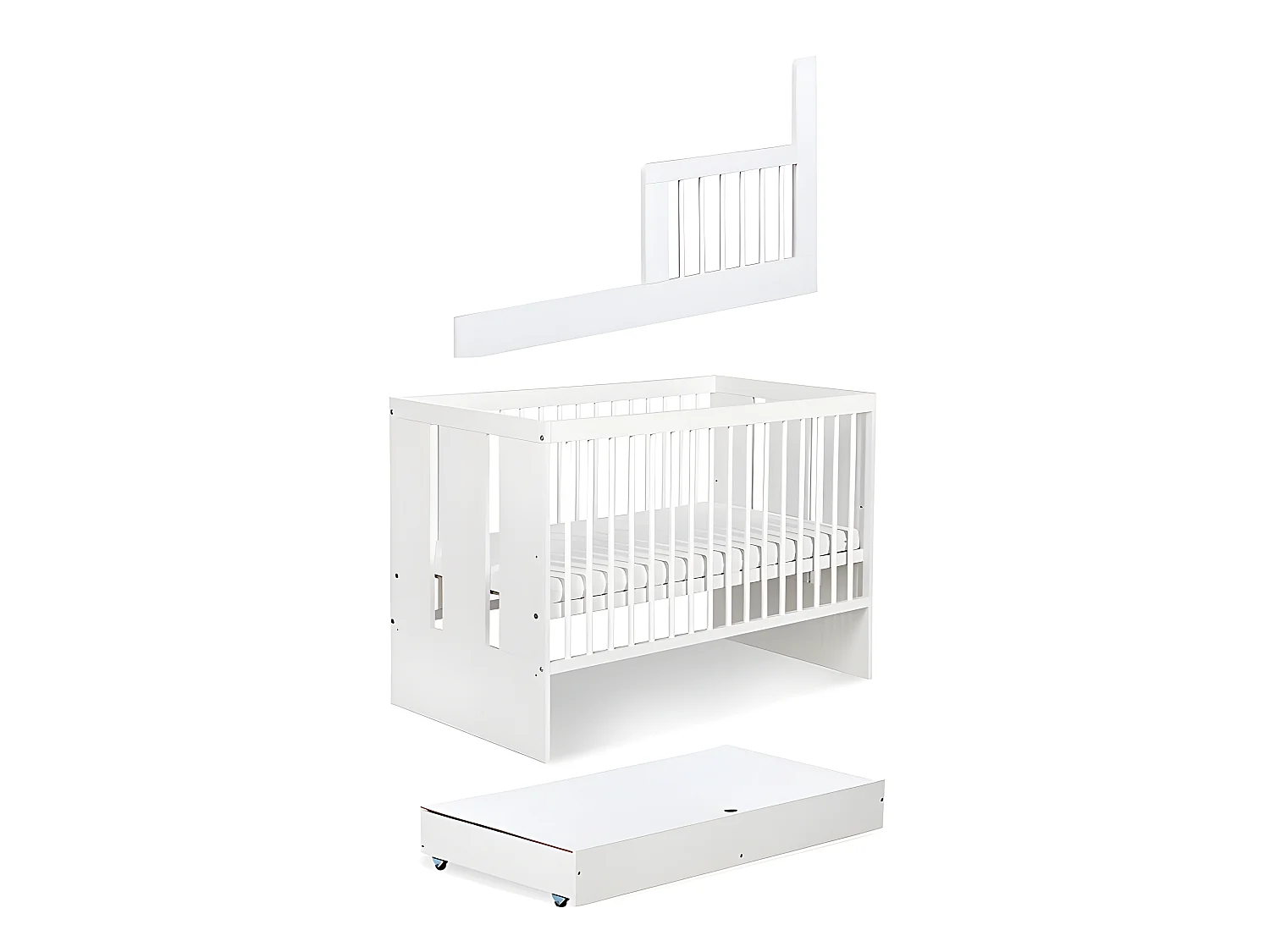 Lit bébé 120x60cm Blanc avec tiroir PAULA barreaux amovible et barrière de sécurité inclus