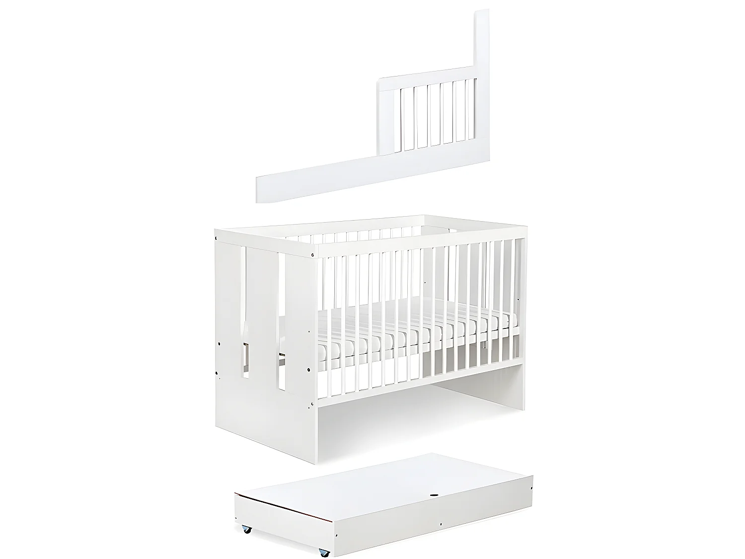 Lit bébé 120x60cm Blanc avec tiroir PAULA barreaux amovible et barrière de sécurité inclus