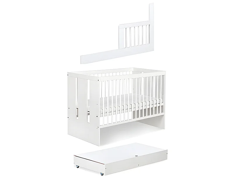 Lit bébé 120x60cm Blanc avec tiroir PAULA barreaux amovible et barrière de sécurité inclus