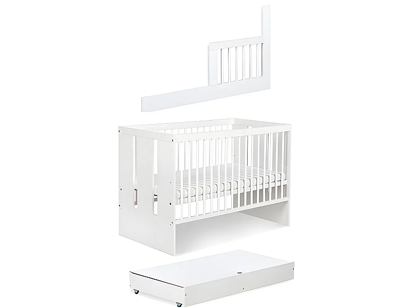 Lit bébé 120x60cm Blanc avec tiroir PAULA barreaux amovible et barrière de sécurité inclus