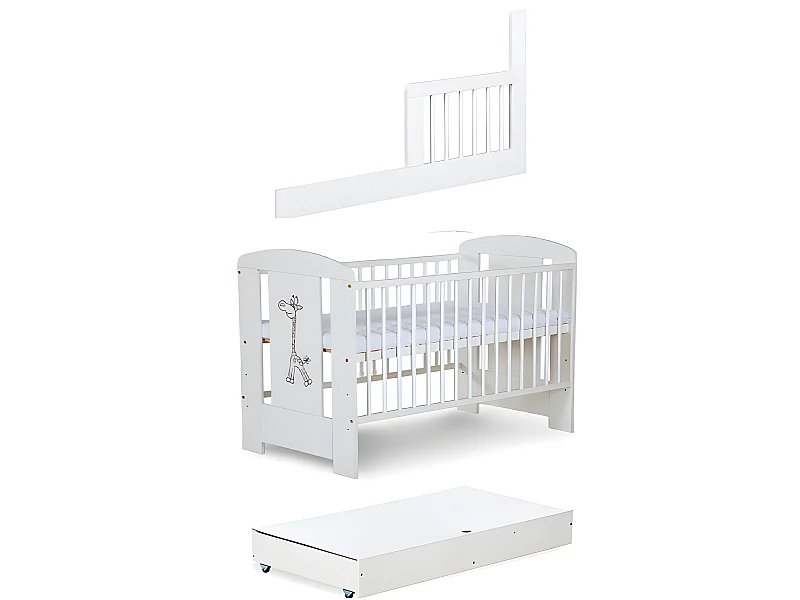Lit bébé 120x60cm Blanc avec tiroir GIRAFE barreaux amovible et barrière de sécurité inclus