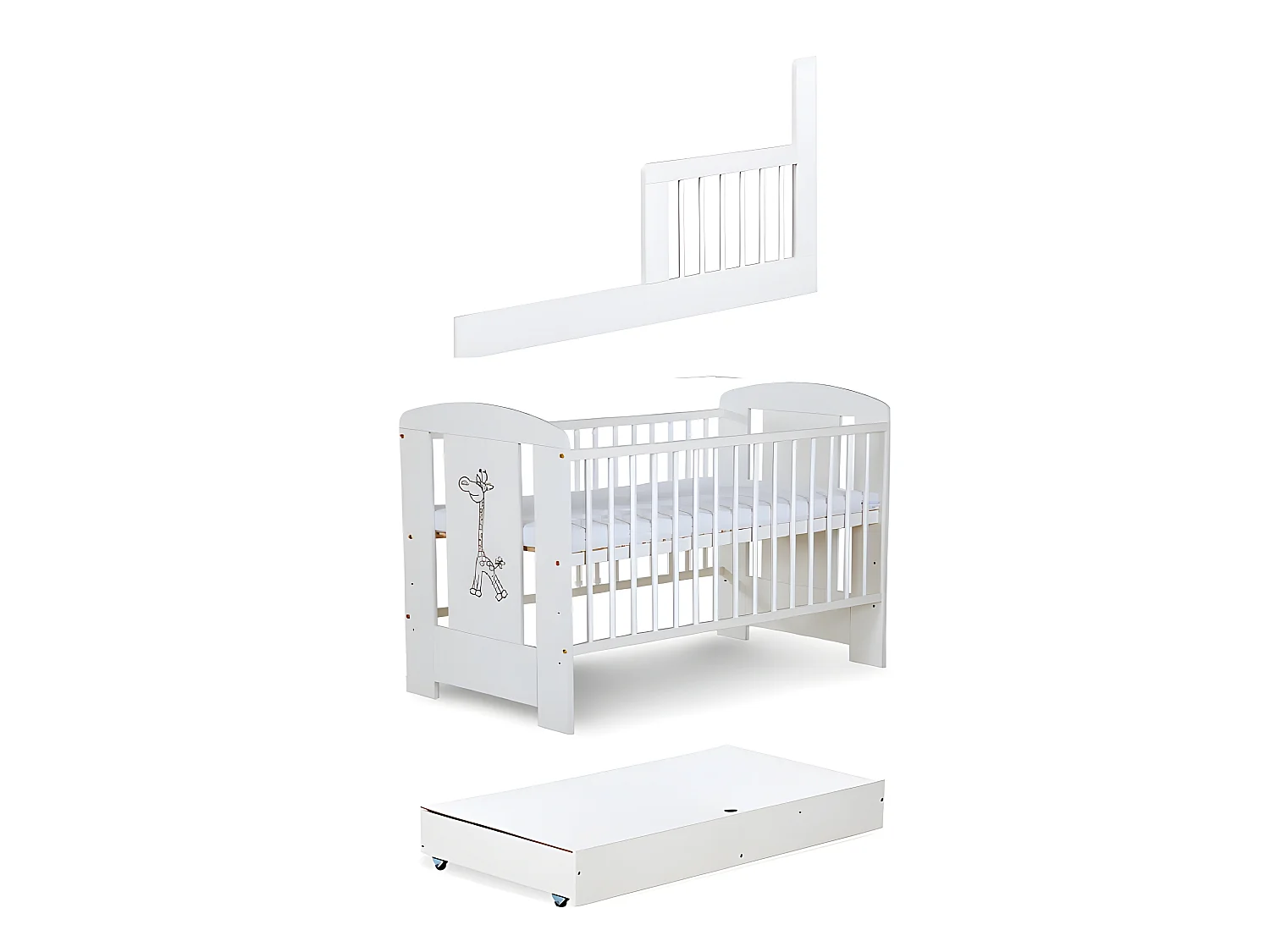 Lit bébé 120x60cm Blanc avec tiroir GIRAFE barreaux amovible et barrière de sécurité inclus