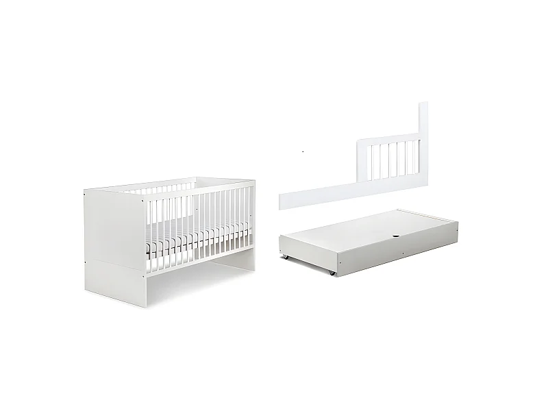 Lit bébé 120x60cm Blanc avec tiroir DALYA barreaux amovible et barrière de sécurité inclus