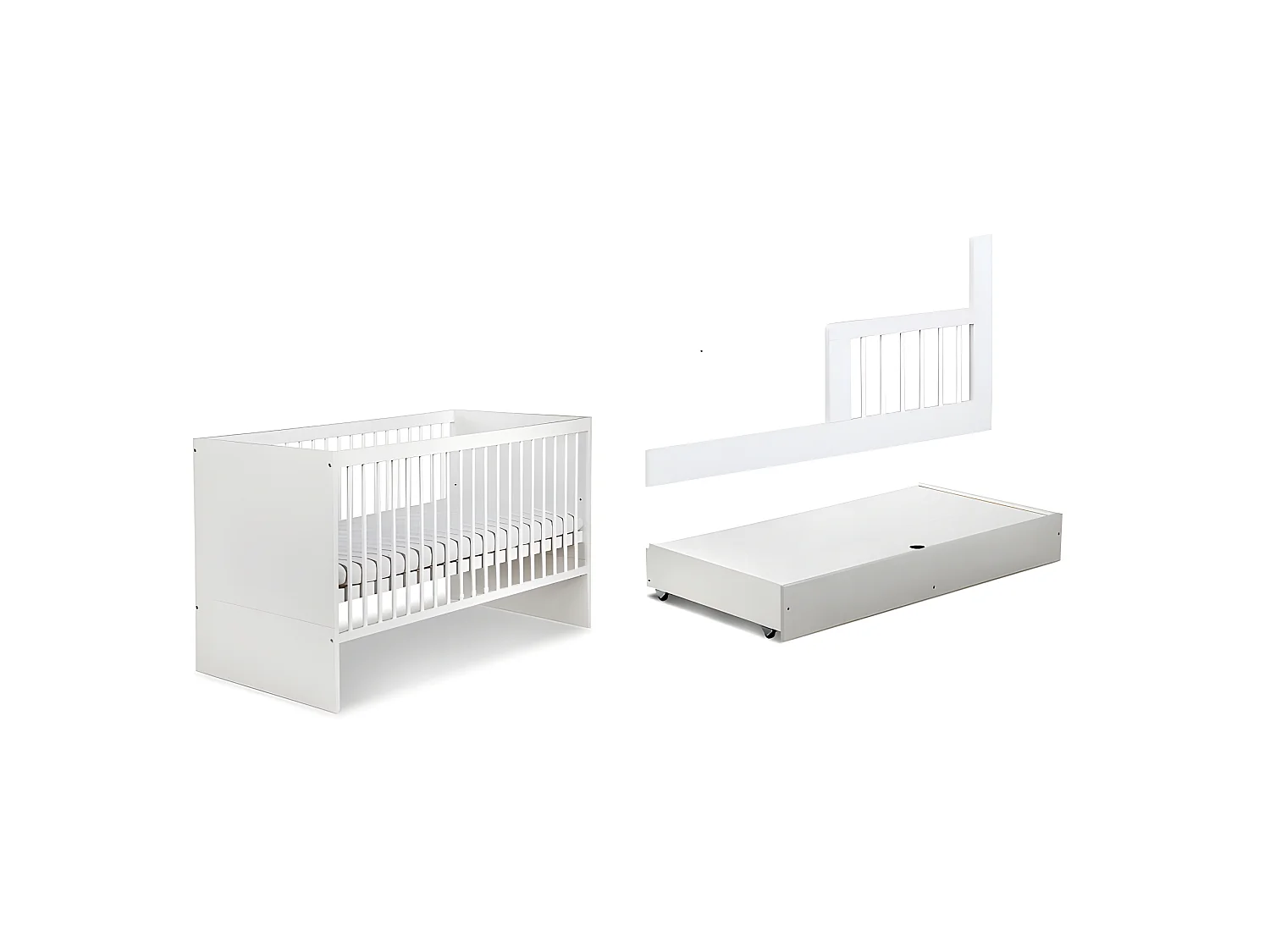 Lit bébé 120x60cm Blanc avec tiroir DALYA barreaux amovible et barrière de sécurité inclus