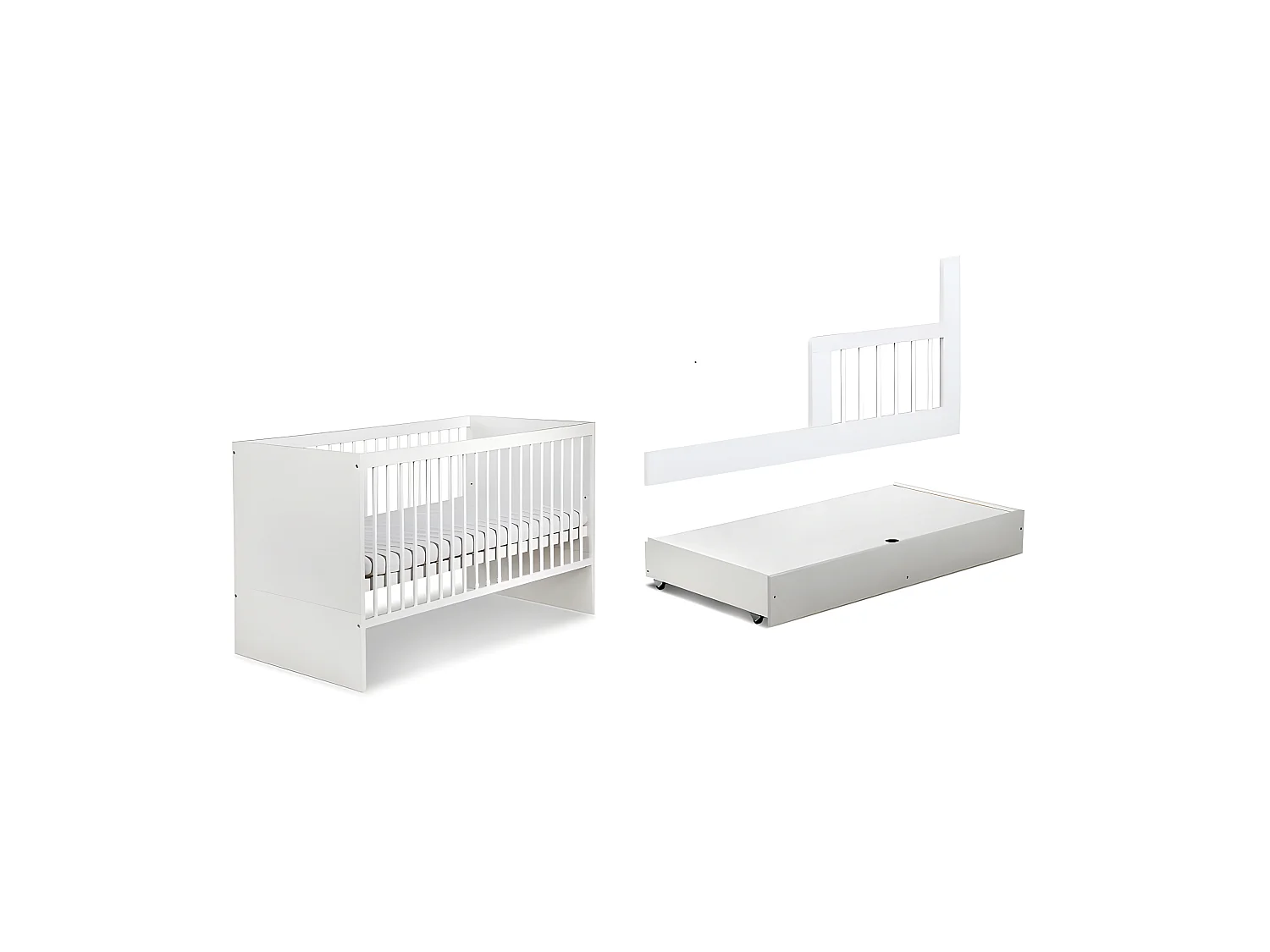 Lit bébé 120x60cm Blanc avec tiroir DALYA barreaux amovible et barrière de sécurité inclus