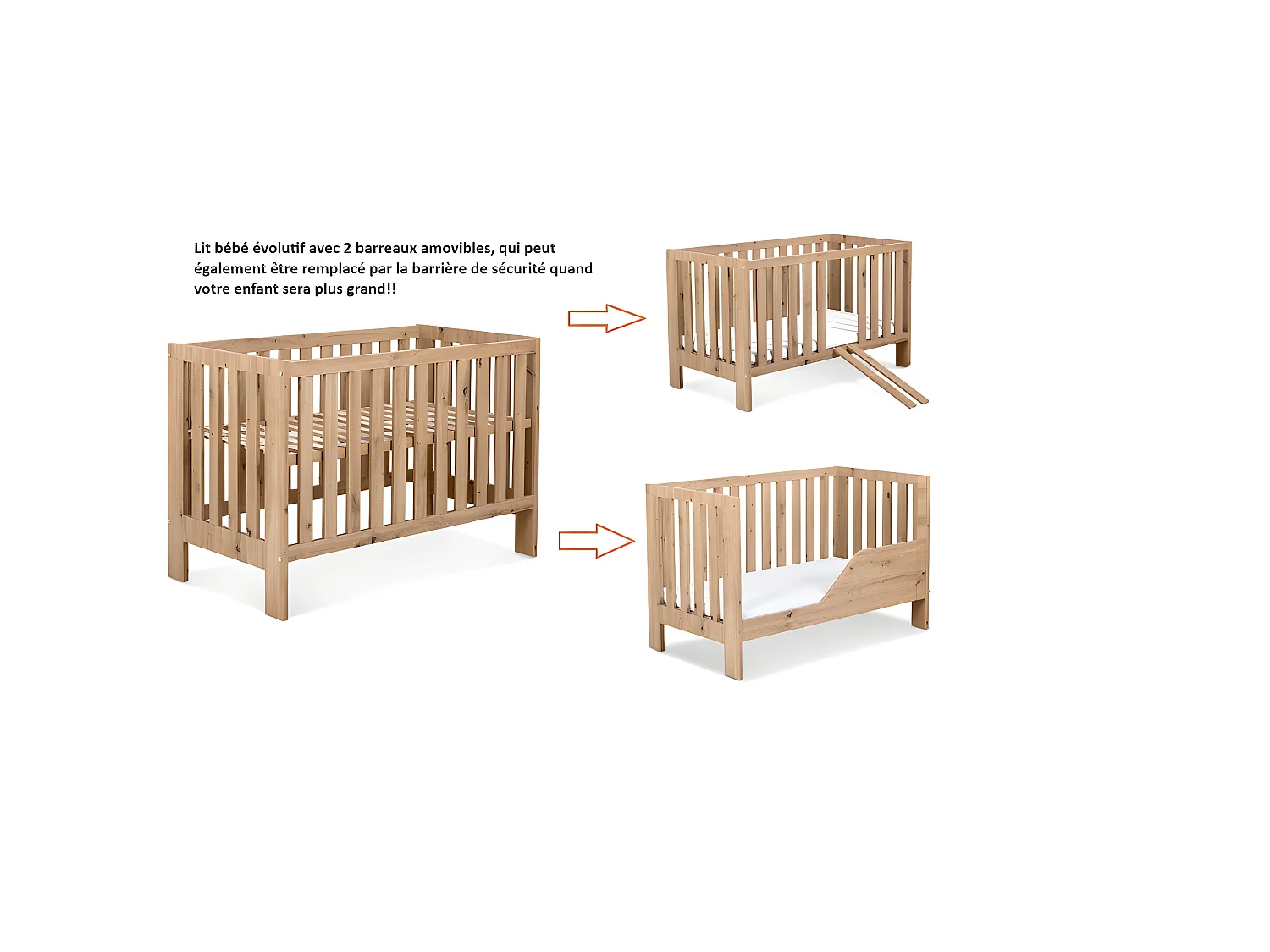 Lit bébé 120x60cm Chêne AMELIE barreaux amovible et barrière de sécurité inclus