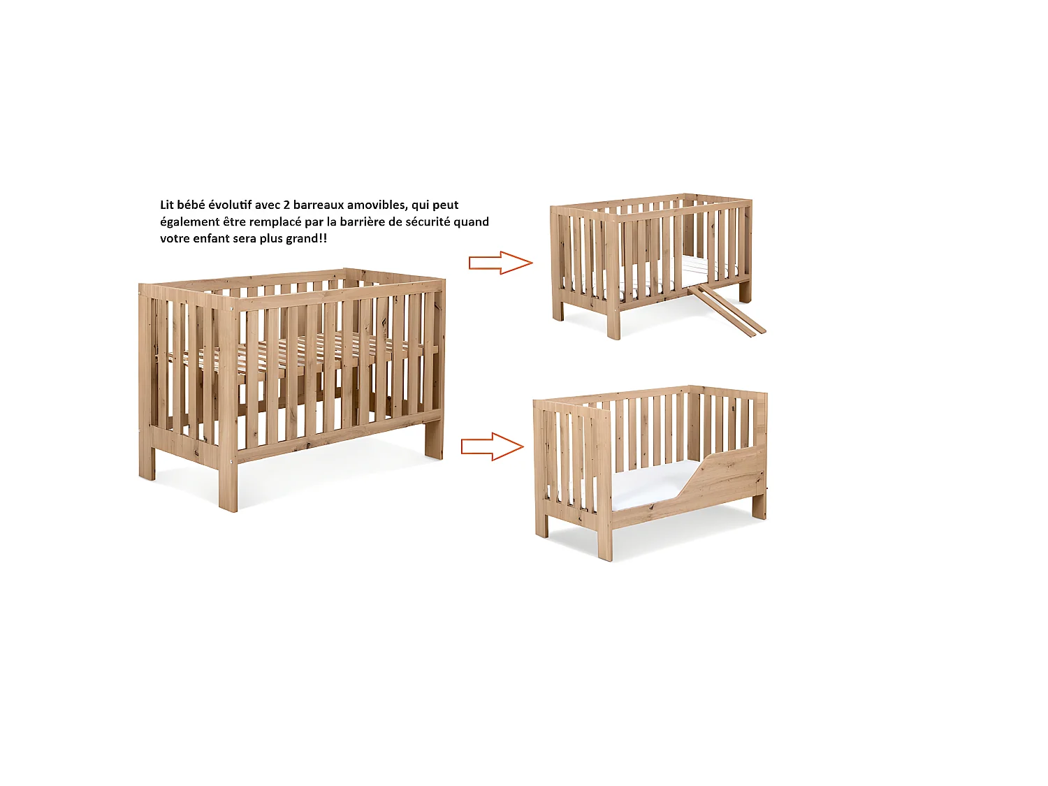 Lit bébé 120x60cm Chêne AMELIE barreaux amovible et barrière de sécurité inclus