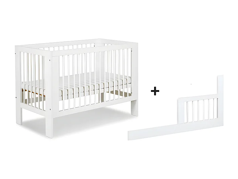 Lit bébé 120x60cm Blanc OLIVE barreaux amovible et barrière de sécurité inclus