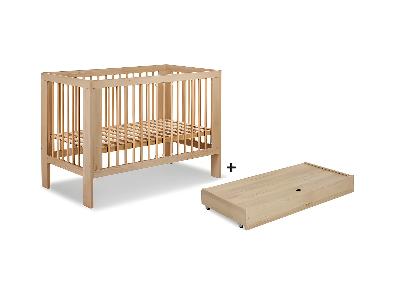 Lit bébé 120x60cm avec tiroir couleur Hêtre OLIVE Lit à barreaux amovible