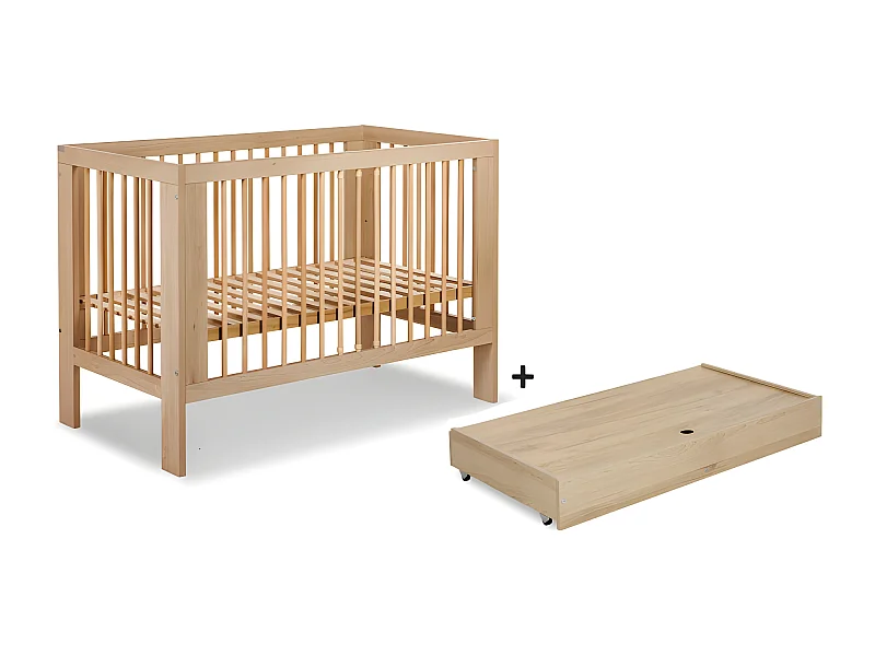 Lit bébé 120x60cm avec tiroir couleur Hêtre OLIVE Lit à barreaux amovible