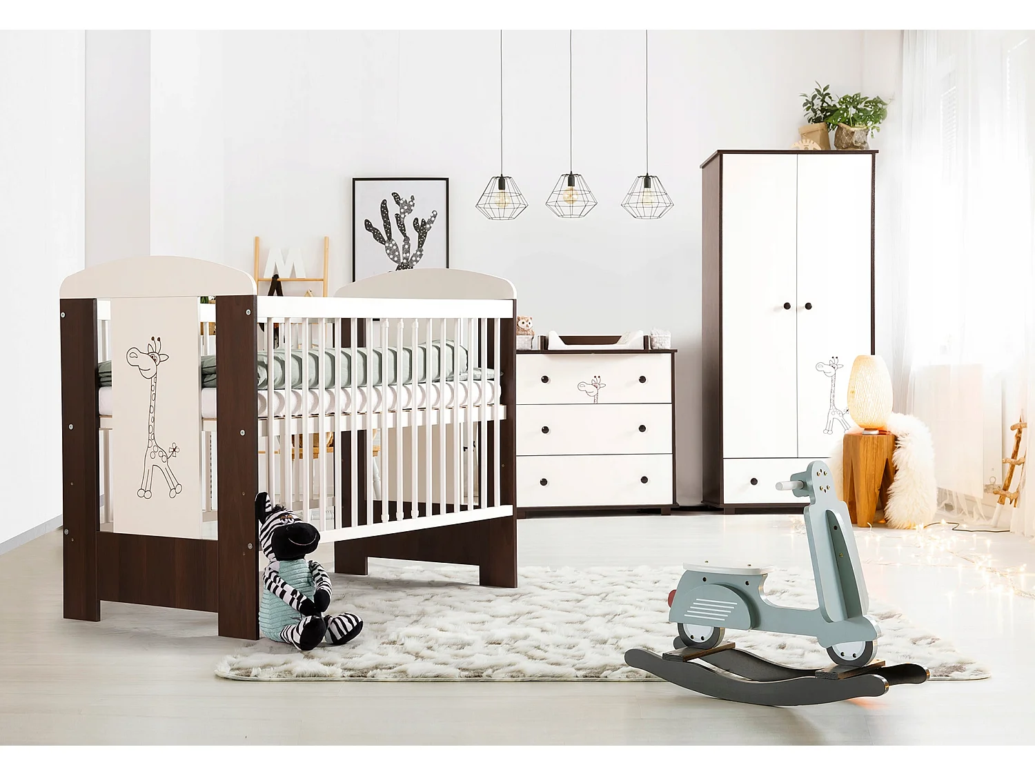 Lit bébé 120x60cm Blanc et noyer GIRAFE Lit à barreaux amovible