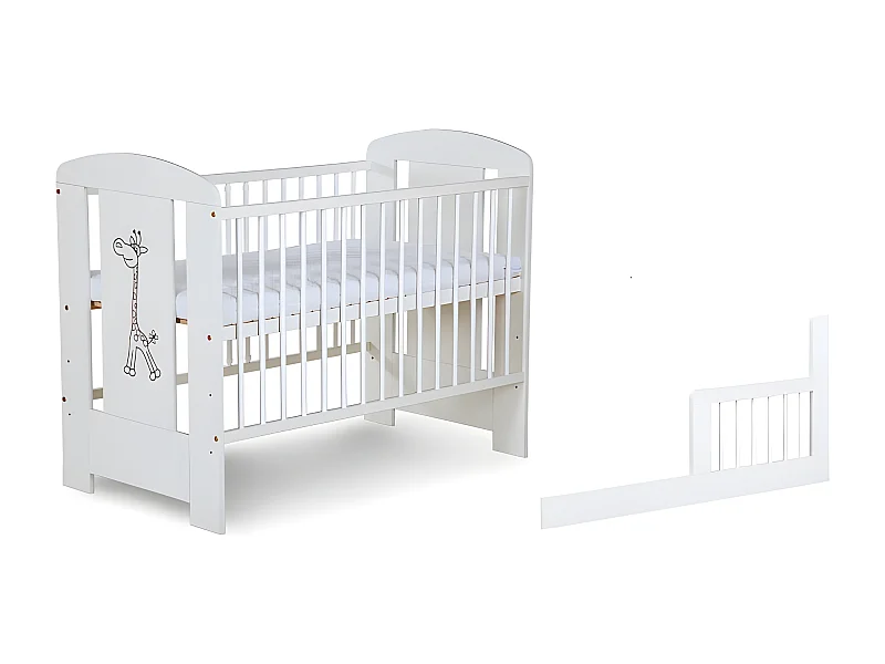 Lit bébé 120x60cm Blanc GIRAFE barreaux amovible et barrière de sécurité inclus