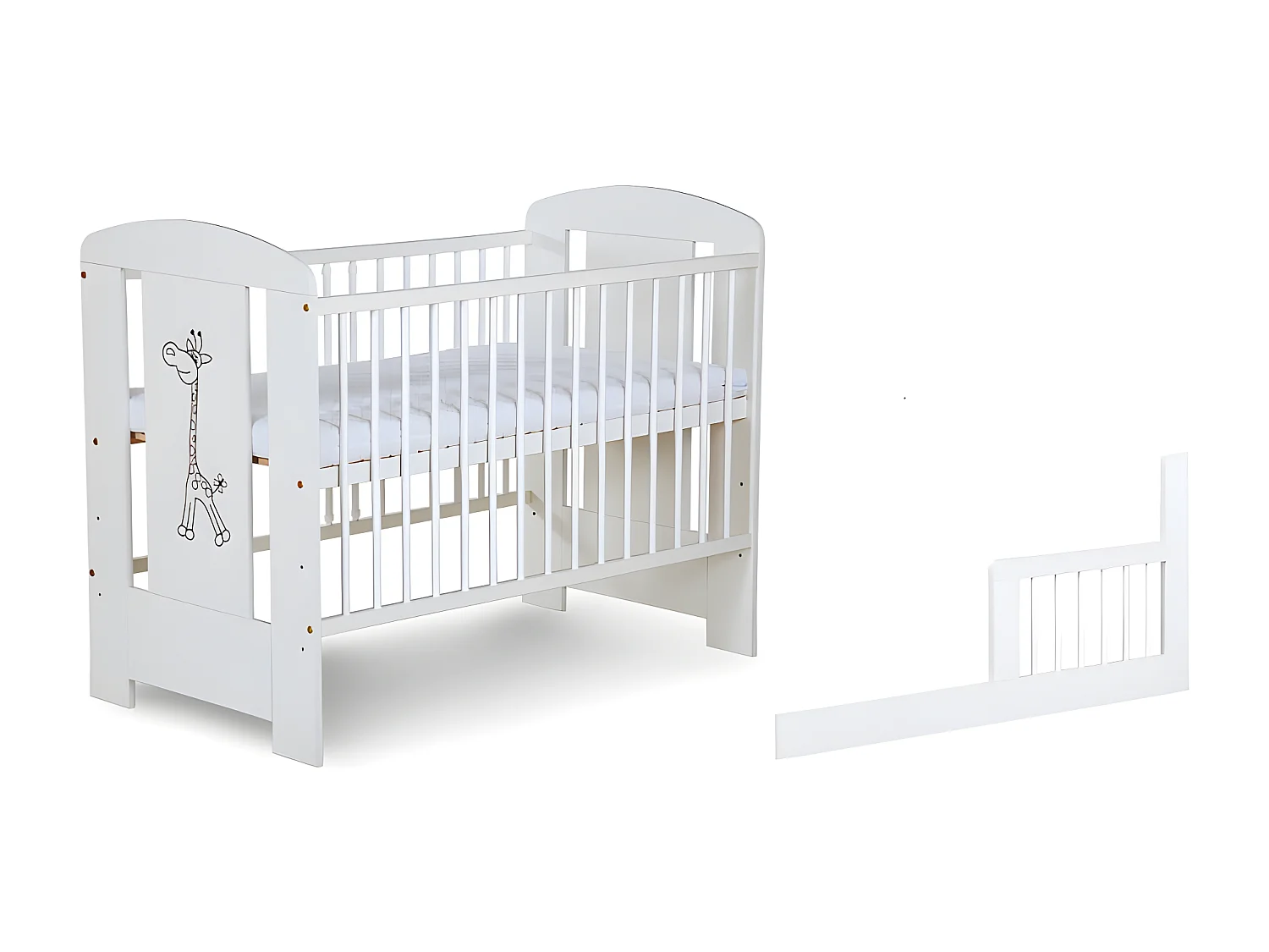 Lit bébé 120x60cm Blanc GIRAFE barreaux amovible et barrière de sécurité inclus