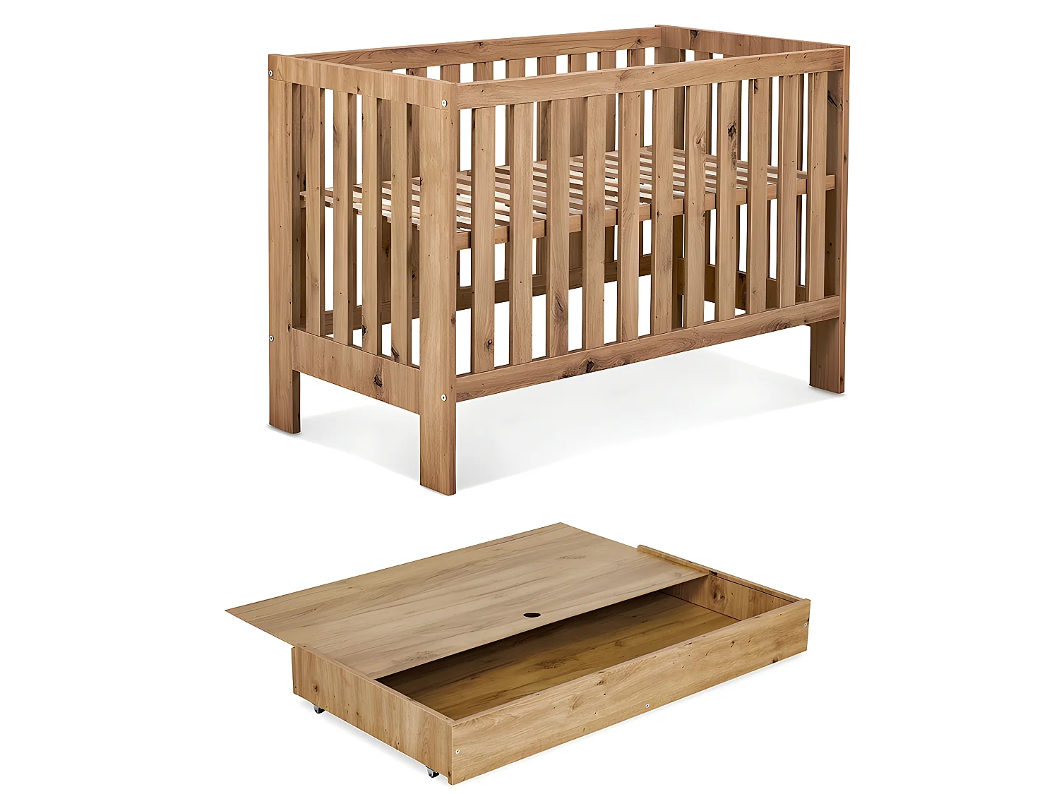 Lit bébé 120x60cm avec tiroir couleur Chêne AMELIE Lit à barreaux amovible