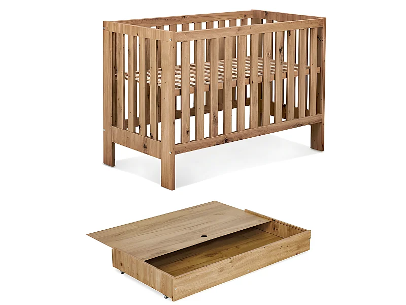 Lit bébé 120x60cm avec tiroir couleur Chêne AMELIE Lit à barreaux amovible