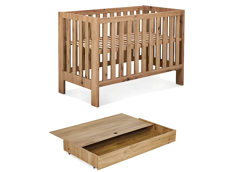 Lit bébé 120x60cm avec tiroir couleur Chêne AMELIE Lit à barreaux amovible