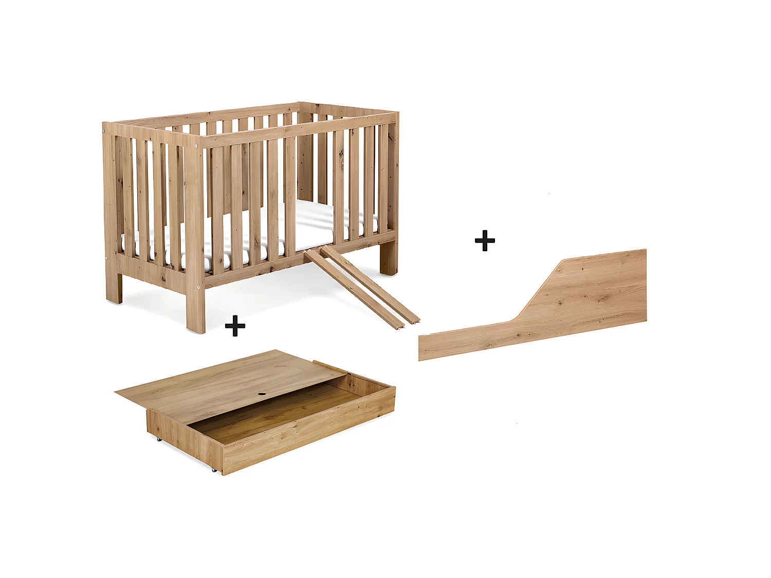 Lit bébé 120x60cm avec tiroir couleur et barrière de sécurité Chêne AMELIE Lit barreaux amovible