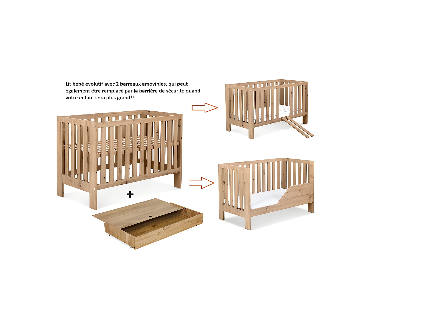 Lit bébé 120x60cm avec tiroir couleur et barrière de sécurité Chêne AMELIE Lit barreaux amovible