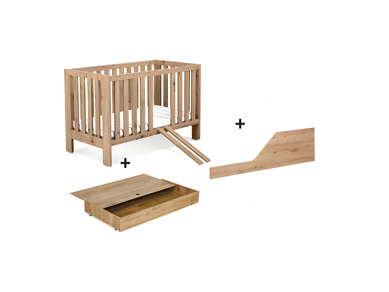 Lit bébé 120x60cm avec tiroir couleur et barrière de sécurité Chêne AMELIE Lit barreaux amovible