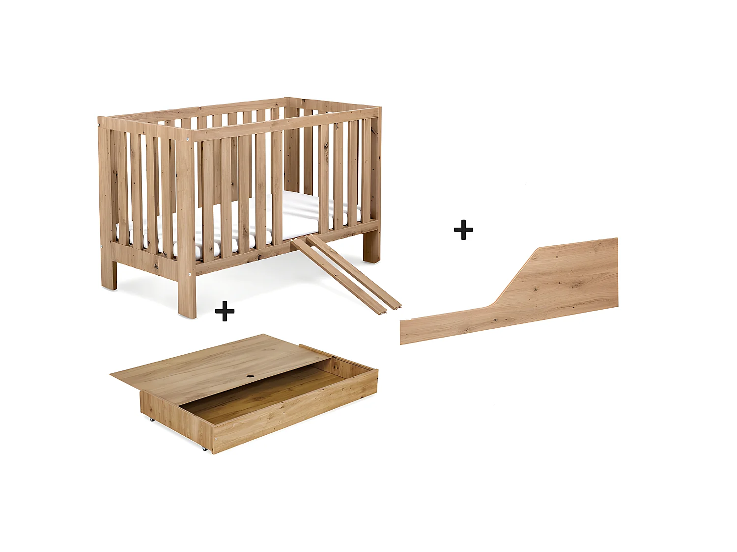 Lit bébé 120x60cm avec tiroir couleur et barrière de sécurité Chêne AMELIE Lit barreaux amovible